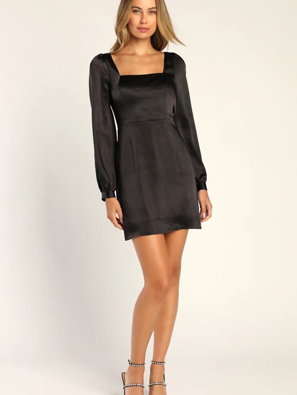 Lulus Square Neck Long Sleeve Black Satin Mini Dress